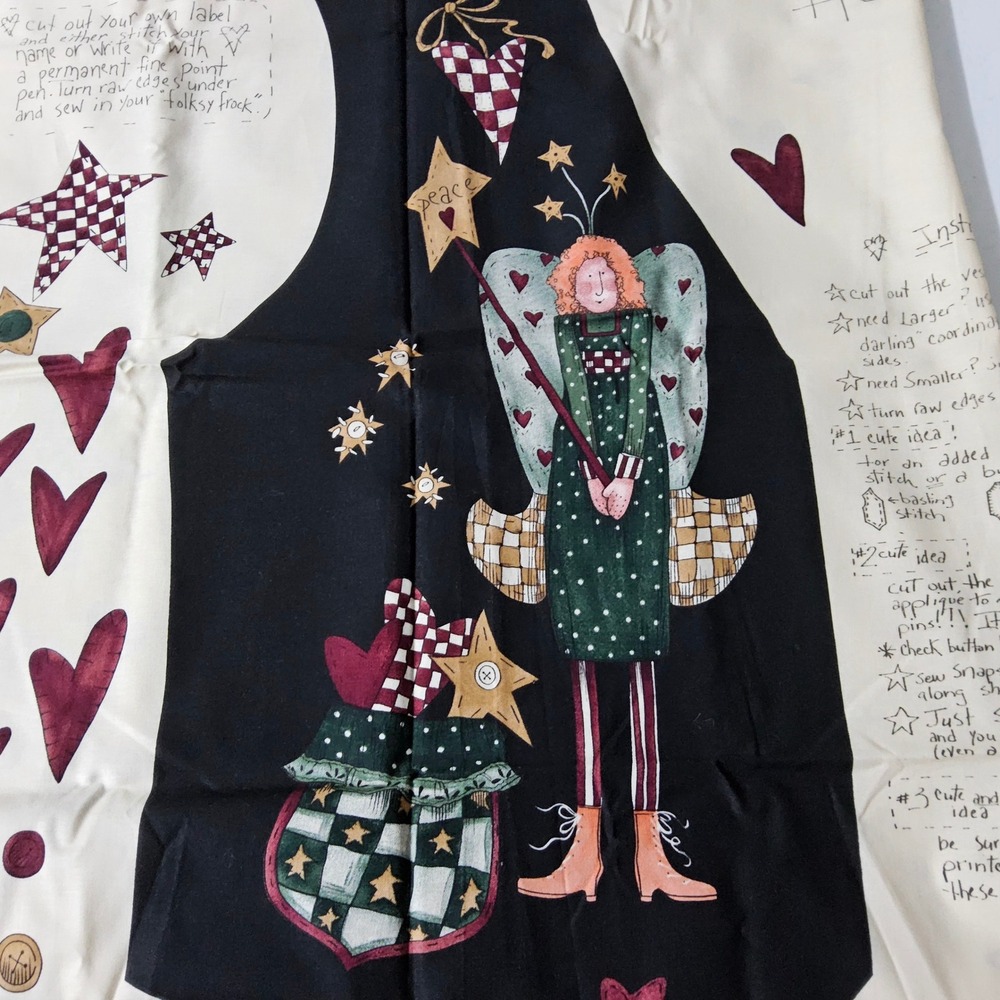 Alma Lynne Designs Angel Vest Fabric Panel OS Black Cream Folk Art Homespun
